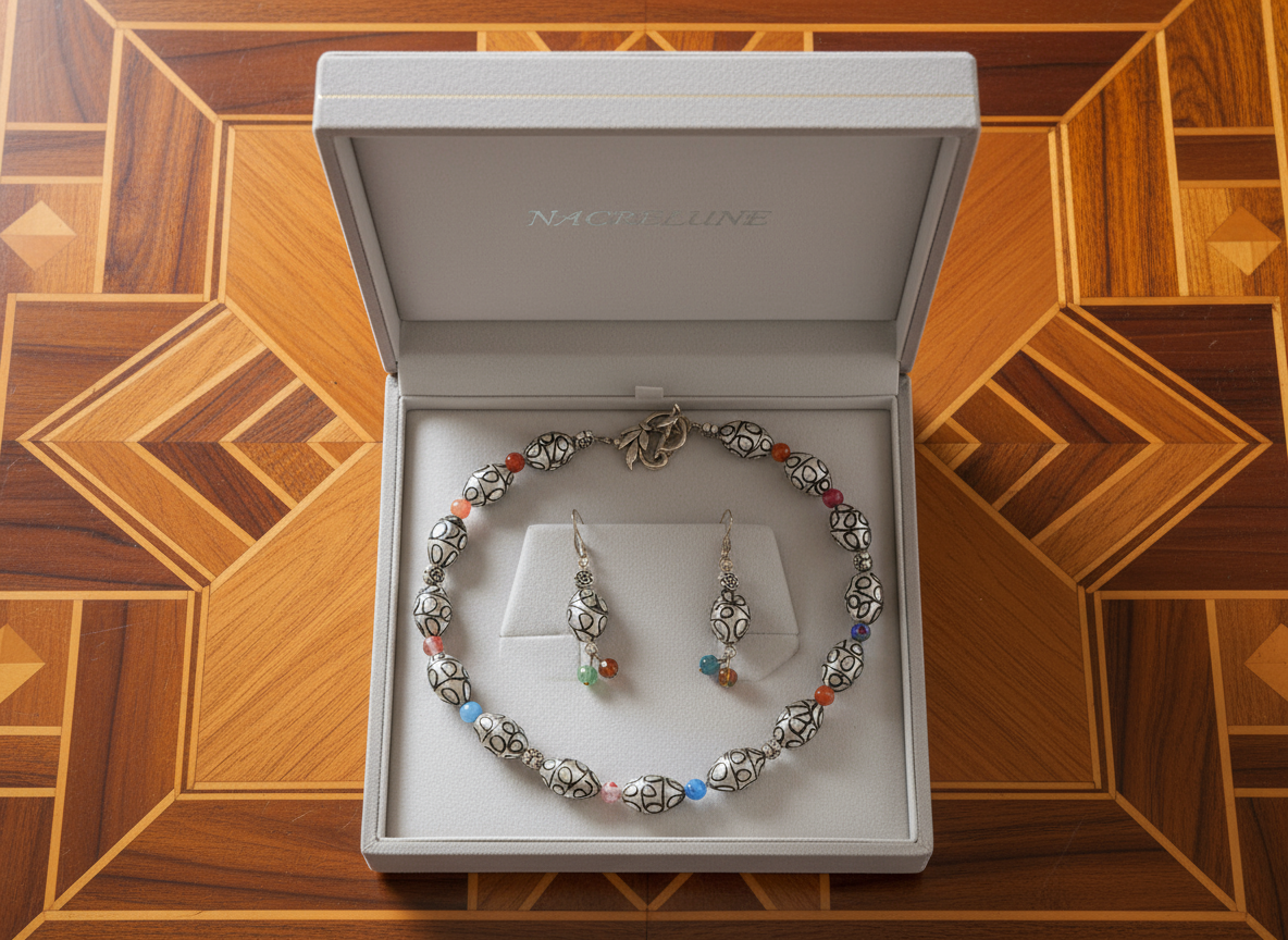 Parure en perles de verre dentelle noire avec millefleurs NACRELUNE parure