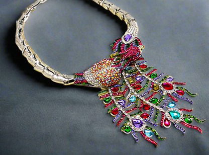 Collier en strass multicolores représentant un paon monté sur métal argenté
