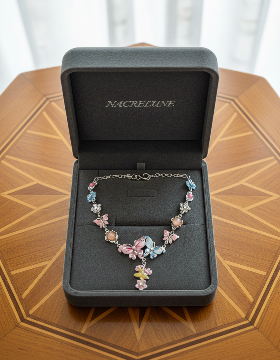 collier en émail rose et bleu avec fleurs et papillons nacrelune.com collier