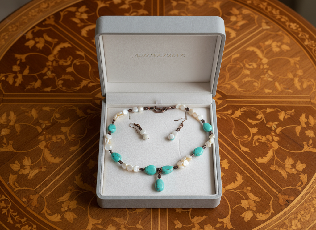 parure en perles pastilles de nacre et perles en turquoise nacrelune.com parure