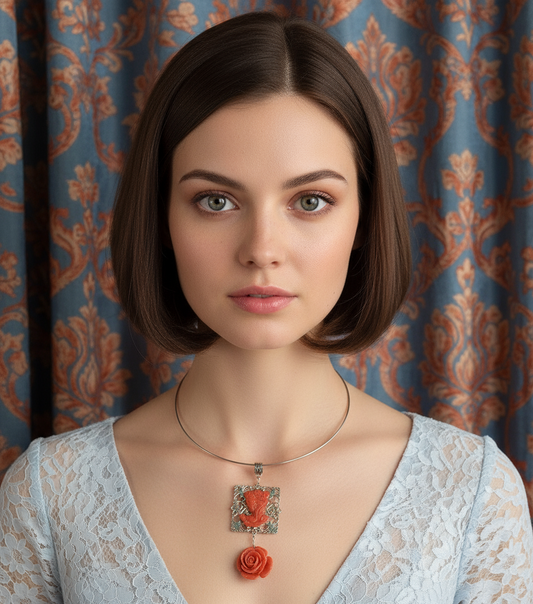 pendentif en reproduction de corail représentant une jolie dame et une rose sculptée NACRELUNE pendentif