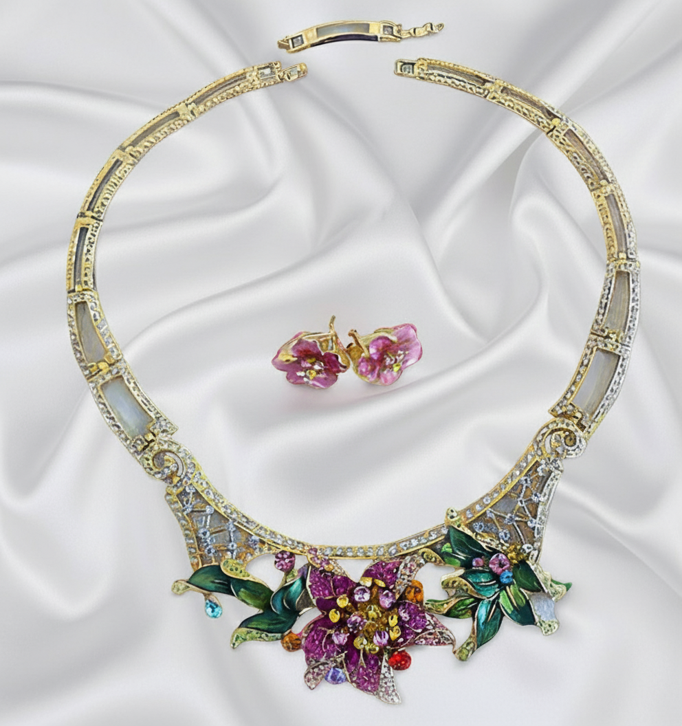 Parure avec grande fleur rose strass et émail NACRELUNE parure