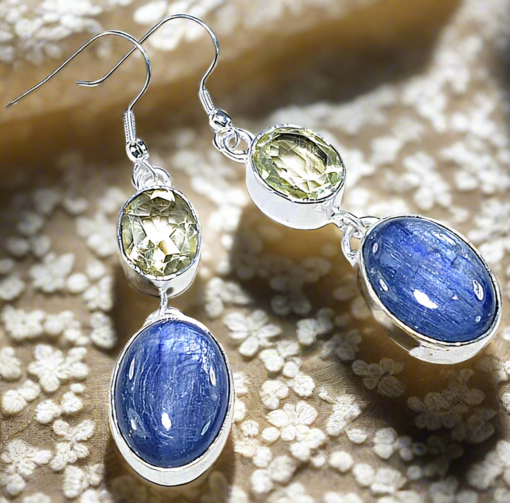 Silver earrings blue kyanites/citrines E60