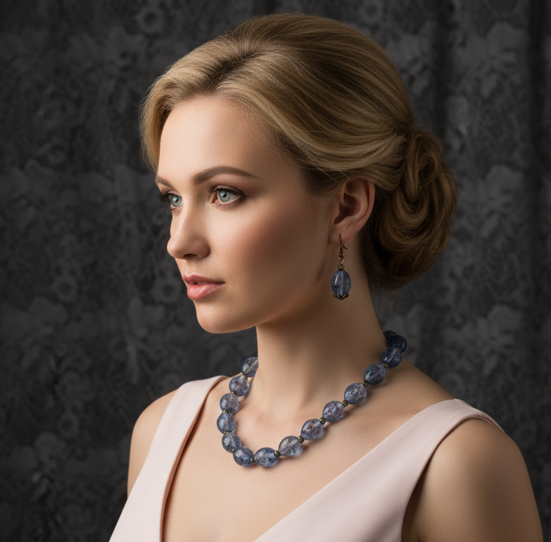 parure en perles de verre bleu NACRELUNE parure