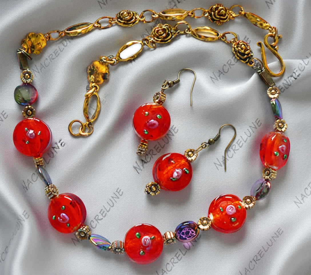 parure rouge en perles de verre et perles de nacre noire NACRELUNE parure