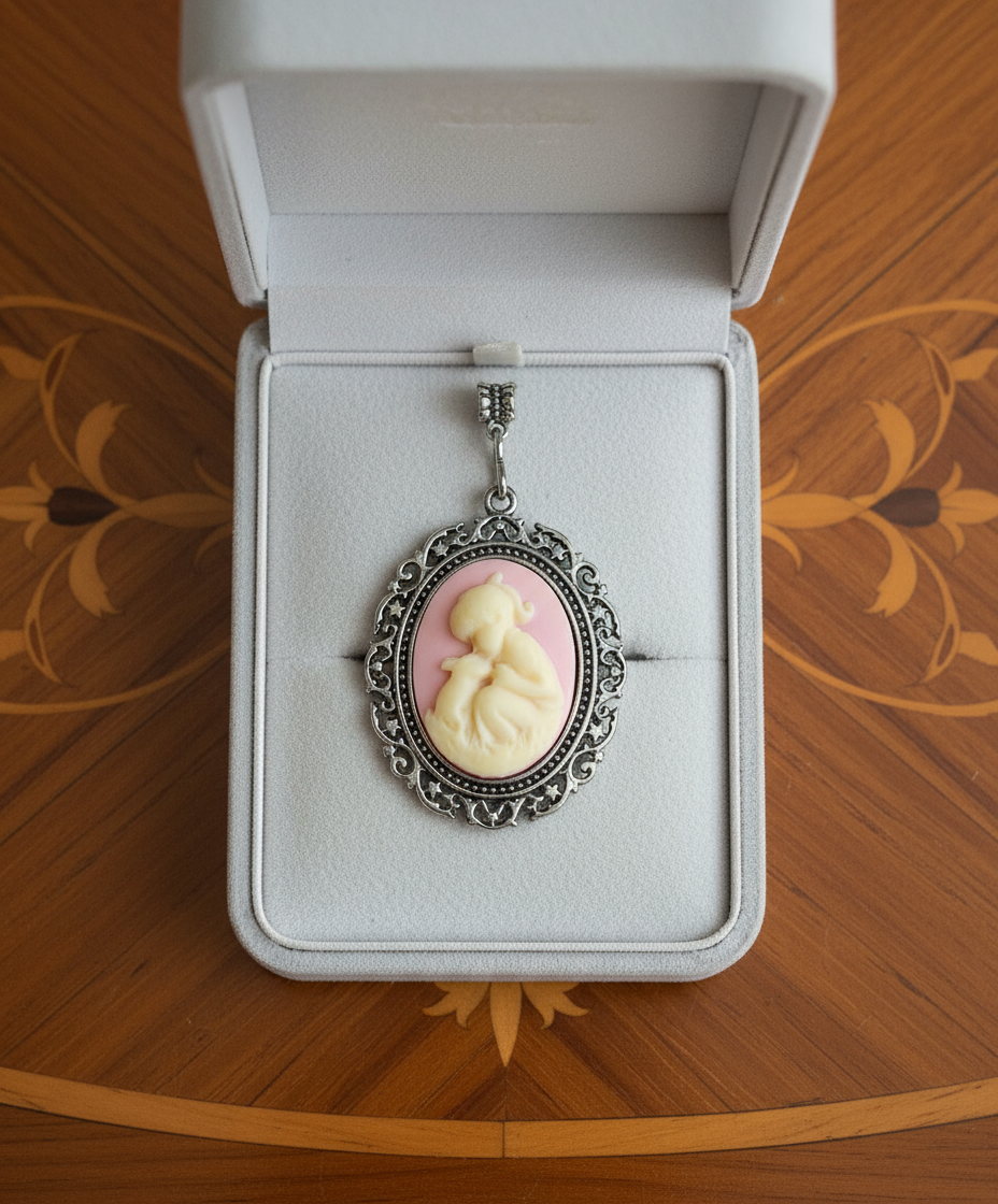 Grand pendentif camée rose représentant une petite fille et son lapin nacrelune.com pendentif