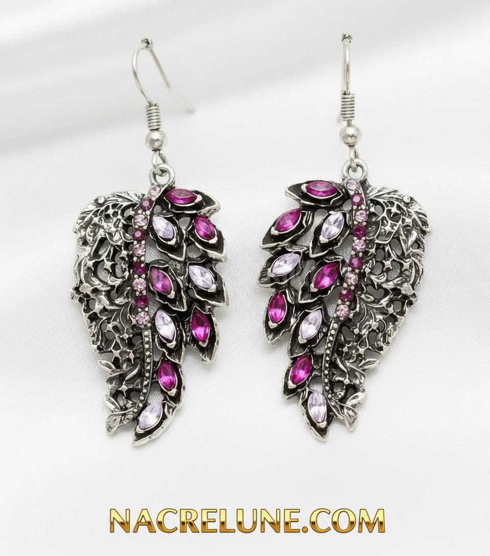 Boucles d'oreille fantaisie strass en forme de feuilles nacrelune.com boucles d'oreille