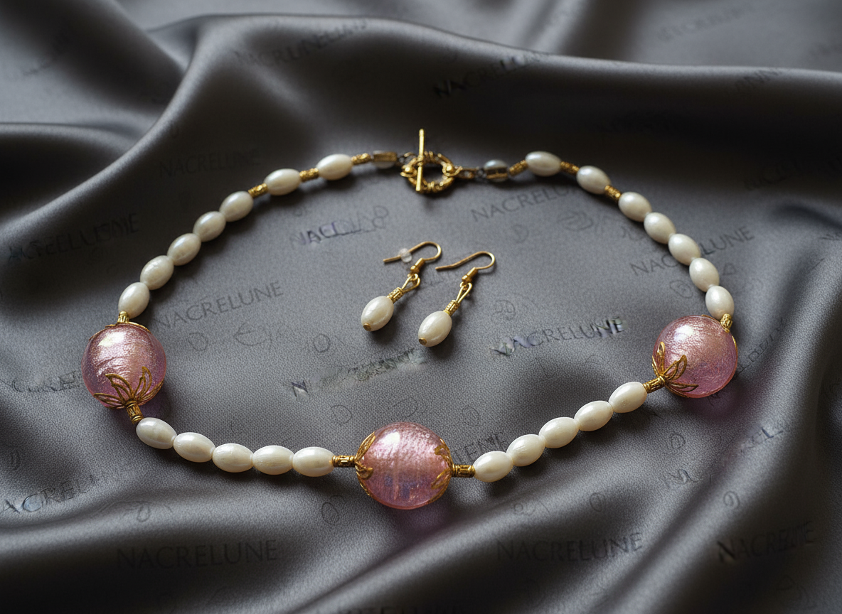 parure en boules de verre rose NACRELUNE parure