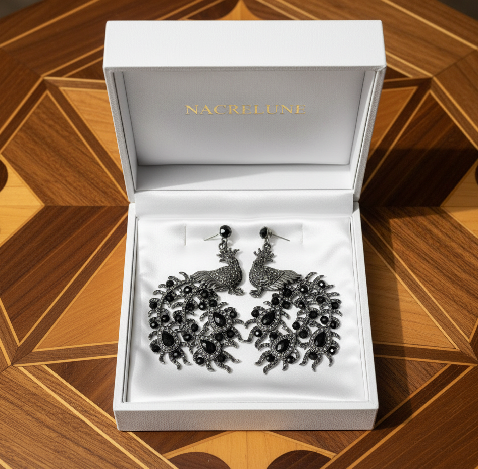boucles d'oreille en strass en forme de paon noir nacrelune.com boucles d'oreille
