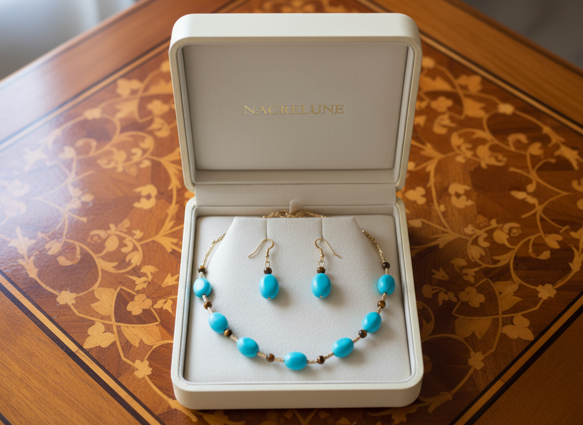 Parure en perles de turquoise et d'oeil du tigre turquoise NACRELUNE parure