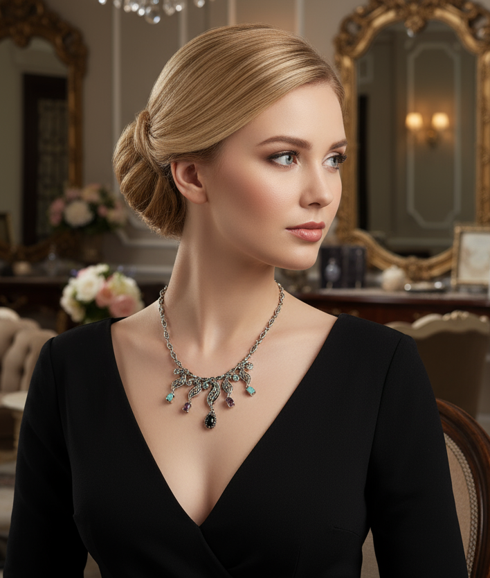 Collier en argent 925 et marcassites avec rubis émeraudes et saphirs nacrelune.com collier