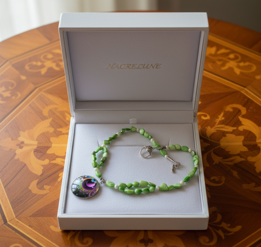 Collier en perles de nacre avec grande perle en nacre peinte nacrelune.com collier