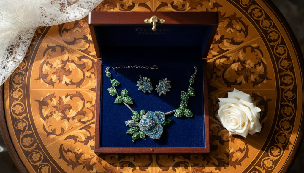 Parure en strass représentant des roses bleues nacrelune.com parure