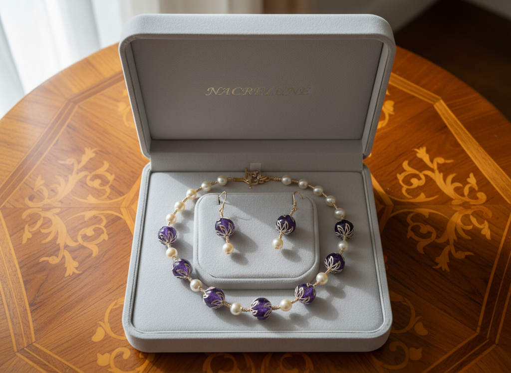 parure perles de nacre et améthystes véritables polies nacrelune.com parure