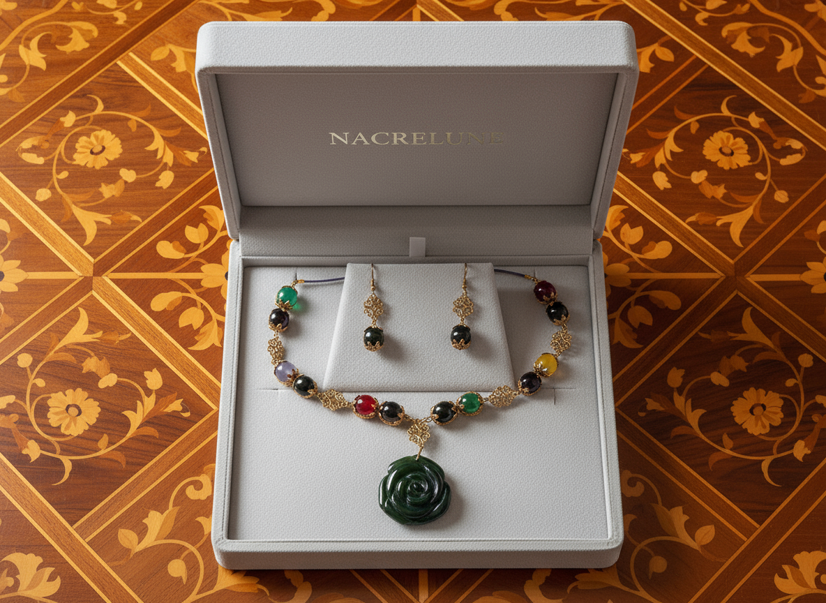 Parure en perles d'agates multicolores et rose sculptée en onyx Multicolore NACRELUNE parure