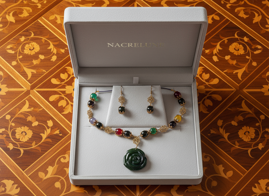 Parure en perles d'agates multicolores et rose sculptée en onyx Multicolore NACRELUNE parure