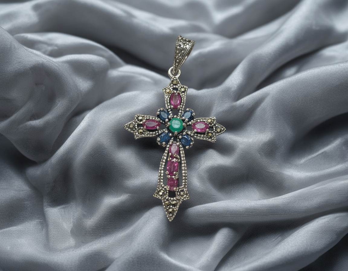 pendentif croix en argent et marcassites avec rubis, saphirs et émeraudes nacrelune.com pendentif