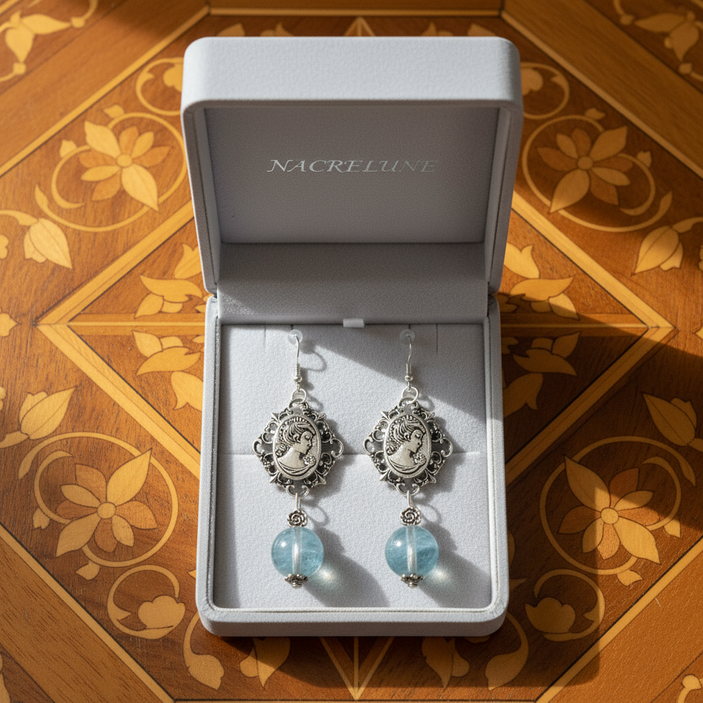 Boucles d'oreille en fluorite naturelle avec camée nacrelune.com boucles d'oreille