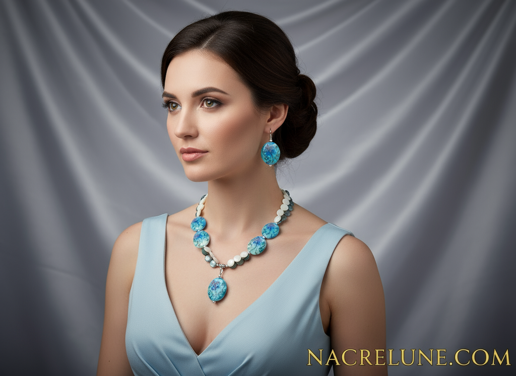 Parure en perles de verre décorées et pastilles de nacre nacrelune.com parure