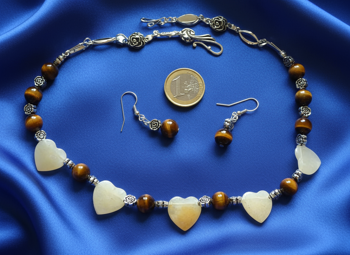 Parure en perles d' oeil du tigre et coeurs citrine jaune polis NACRELUNE parure