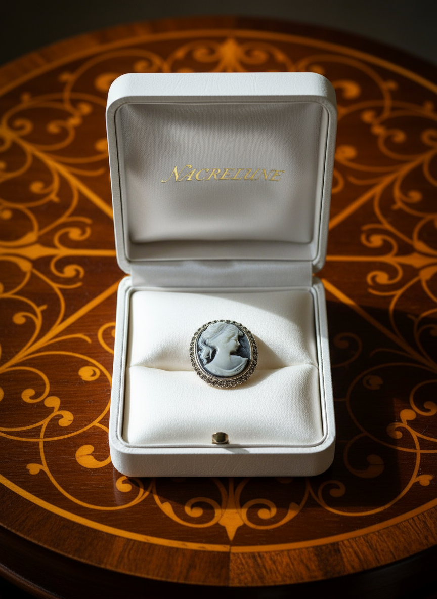 Camée bleu en argent et marcassites NACRELUNE broche