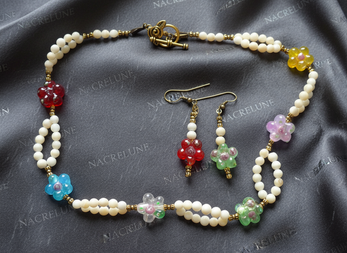 Parure en perles de nacre avec fleurs de verre NACRELUNE parure