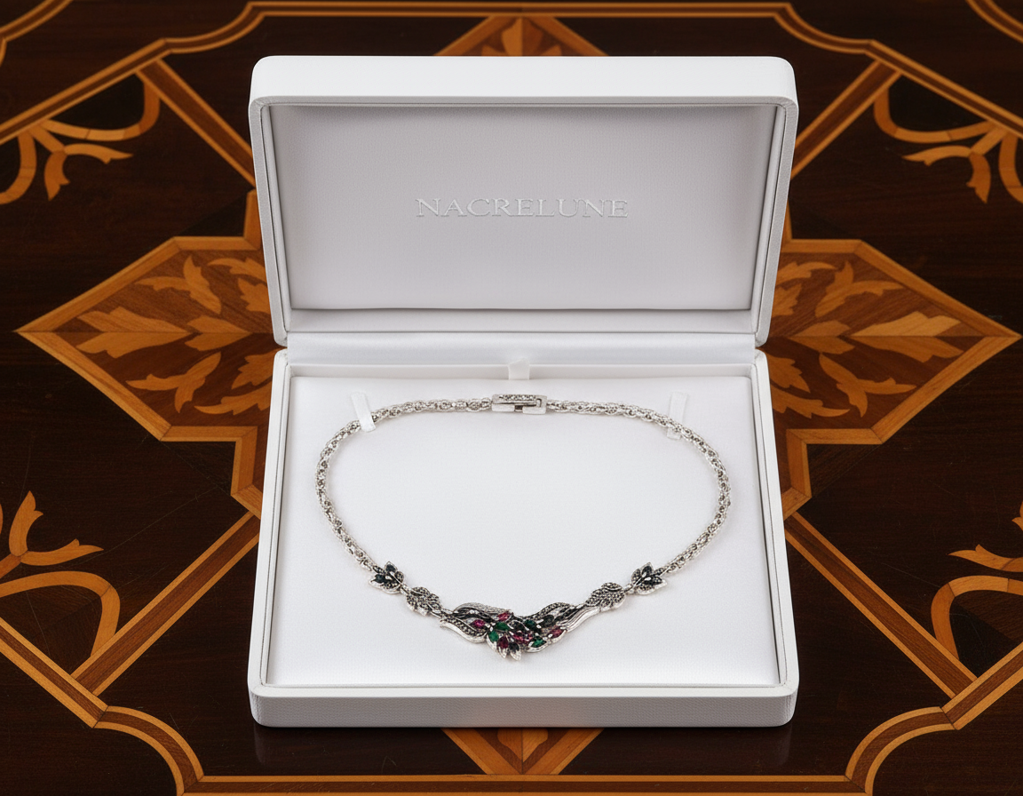 Collier en argent 925 et marcassites avec pierres précieuses NACRELUNE collier