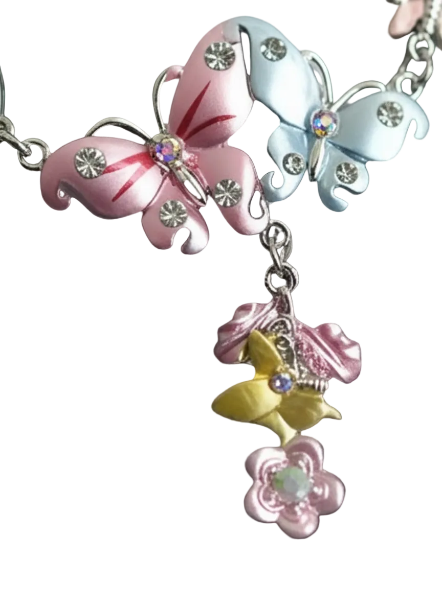 collier en émail rose et bleu avec fleurs et papillons nacrelune.com collier