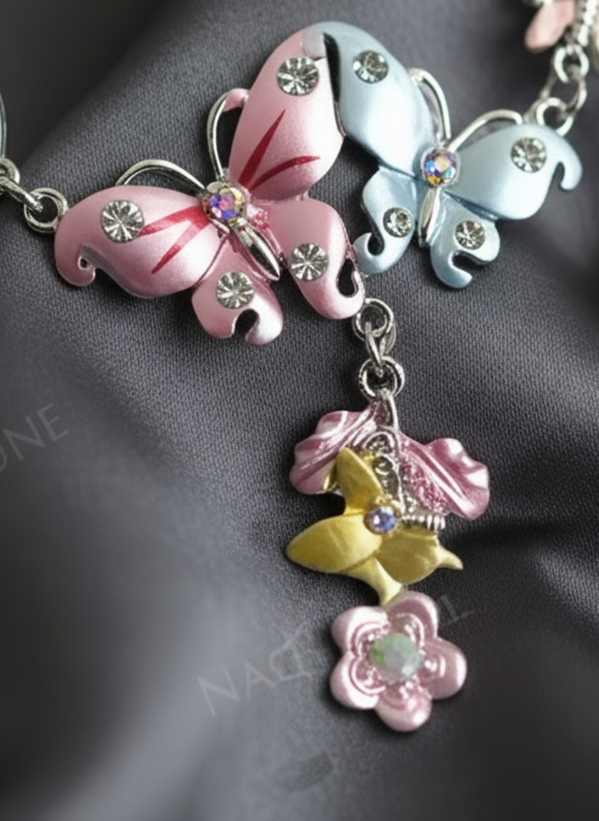 collier en émail rose et bleu avec fleurs et papillons nacrelune.com collier