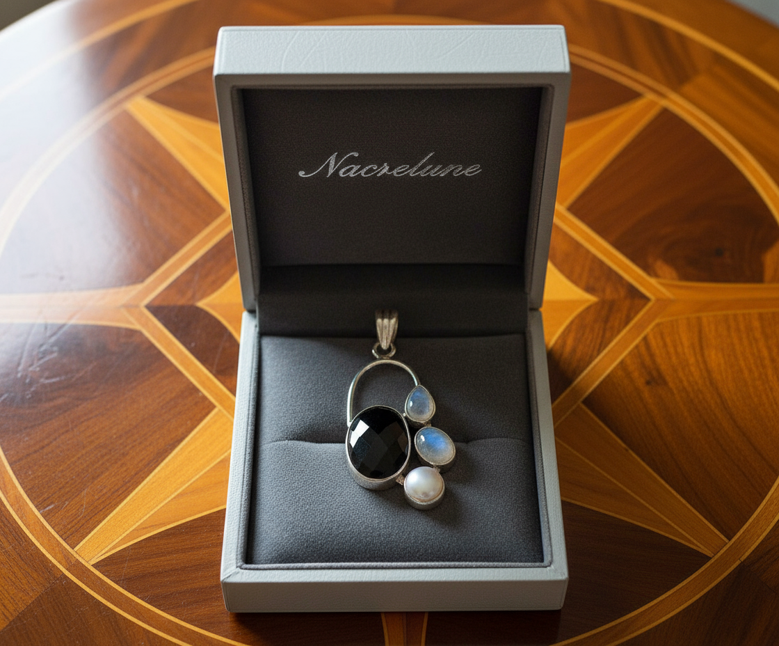 Pendentif en argent 925 avec onyx, perle et pierres de lune nacrelune.com pendentif