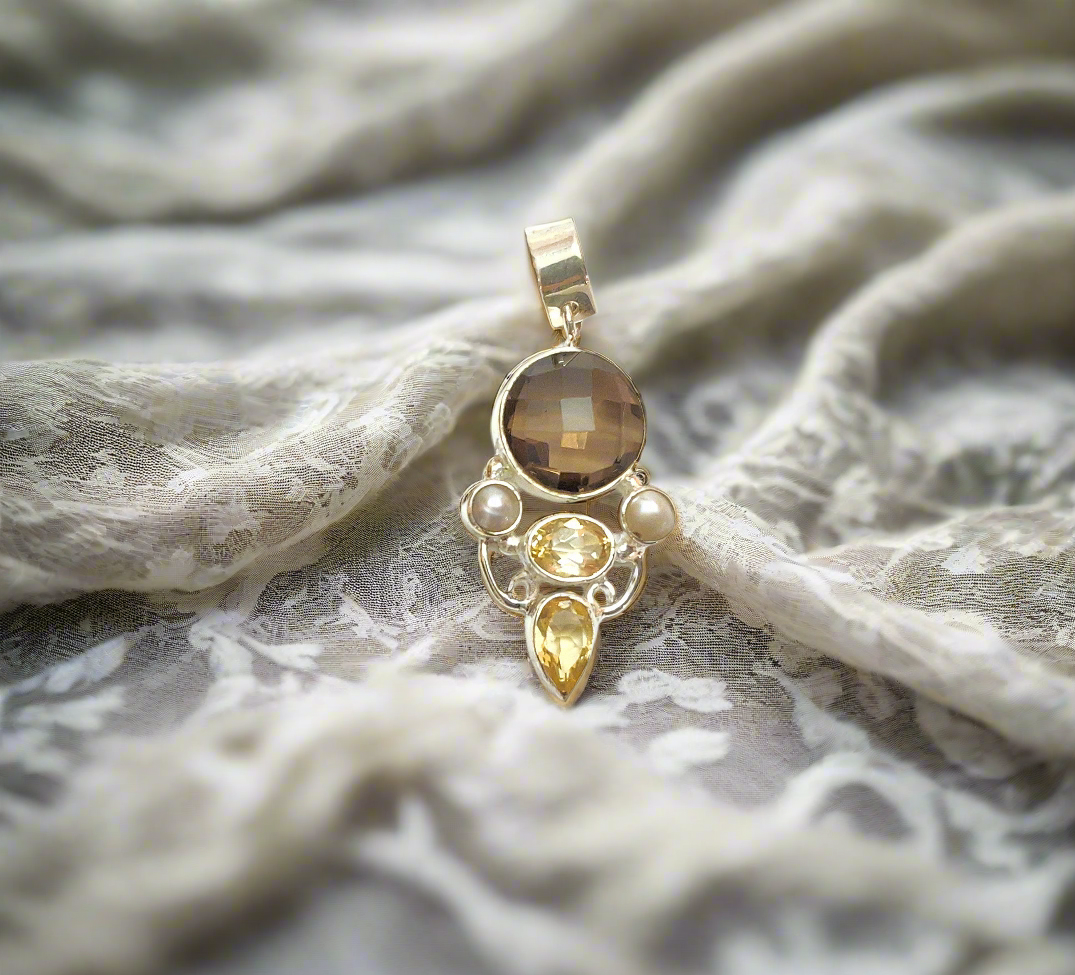Pendentif en argent 925 avec perles, citrines et quartz fumé