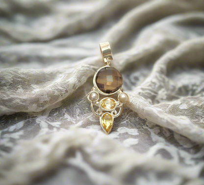 Pendentif en argent 925 avec perles, citrines et quartz fumé