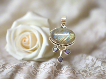 pendentif argent 925 avec labradorite et amethystes