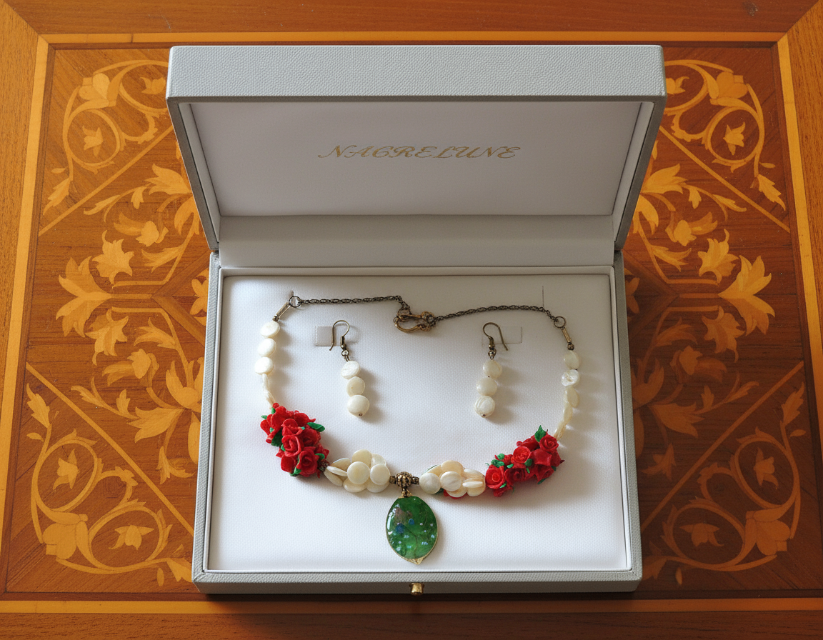 parure en perles pastilles de nacre, petites roses rouges en fimo et grande perle en verre décoré nacrelune.com parure