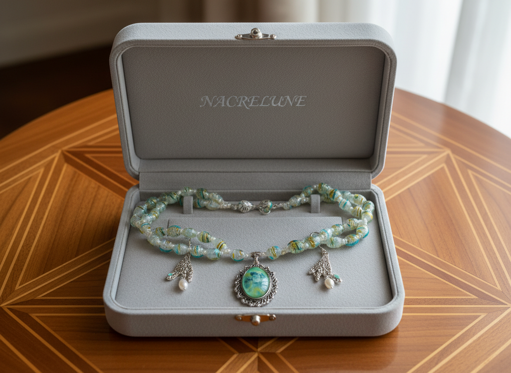 Parure en verre avec camée représentant des fleurs nacrelune.com parure