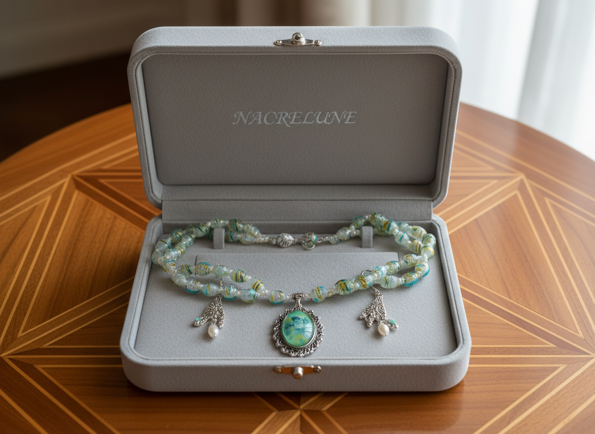 Parure en verre avec camée représentant des fleurs Vert NACRELUNE parure