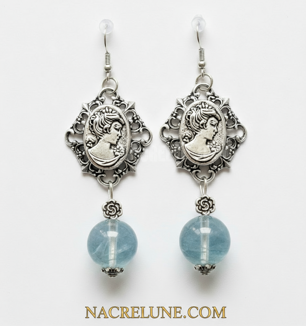 Boucles d'oreille en fluorite naturelle avec camée nacrelune.com boucles d'oreille