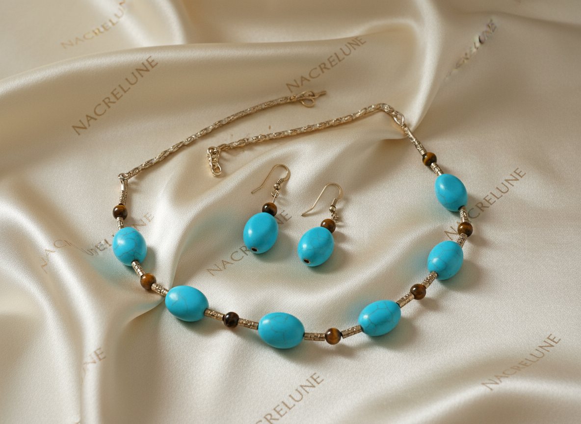 Parure en perles de turquoise et d'oeil du tigre nacrelune.com parure