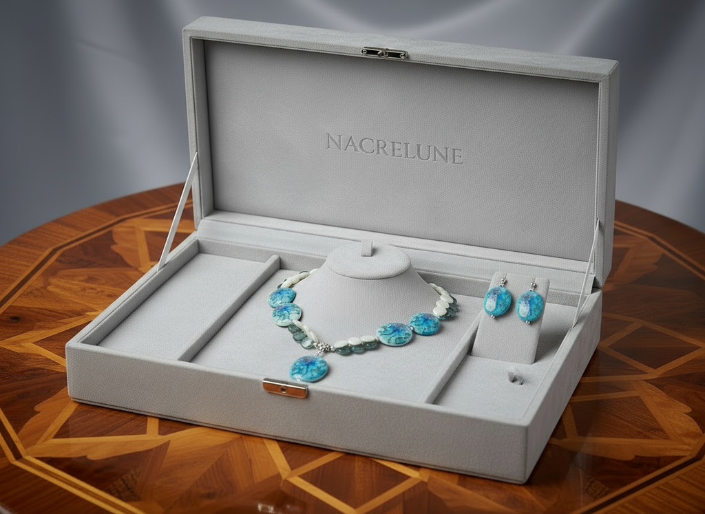 Parure en perles de verre décorées et pastilles de nacre nacrelune.com parure