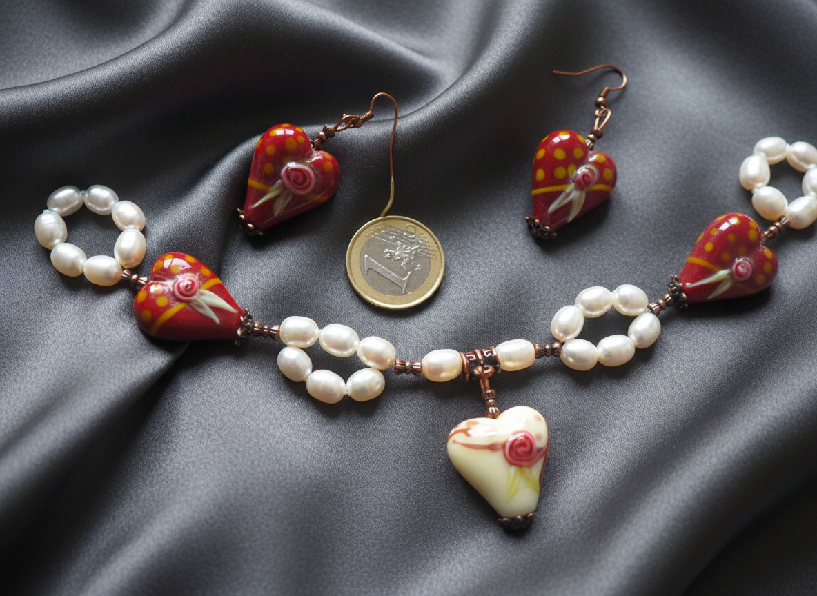 parure en perles de culture et coeurs en verre décoré NACRELUNE parure