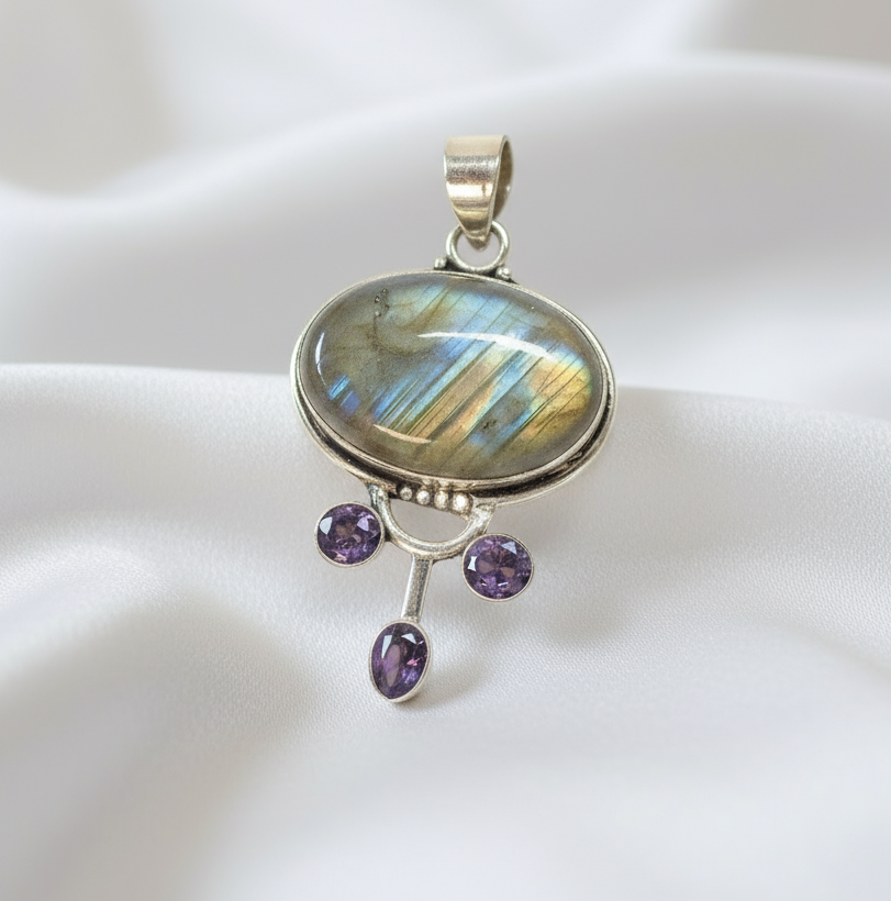 pendentif argent 925 avec labradorite et amethystes nacrelune.com pendentif