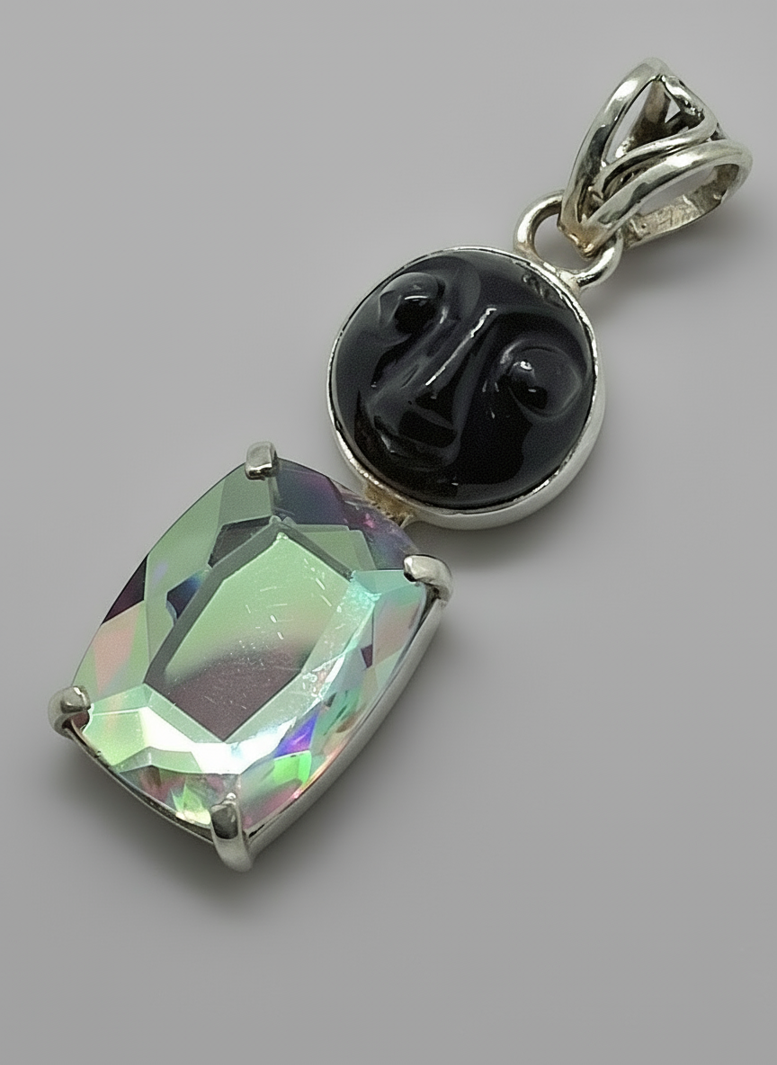 Pendentif en argent véritable avec topaze taillée traitée mystique et pierre de soleil sculptée nacrelune.com pendentif