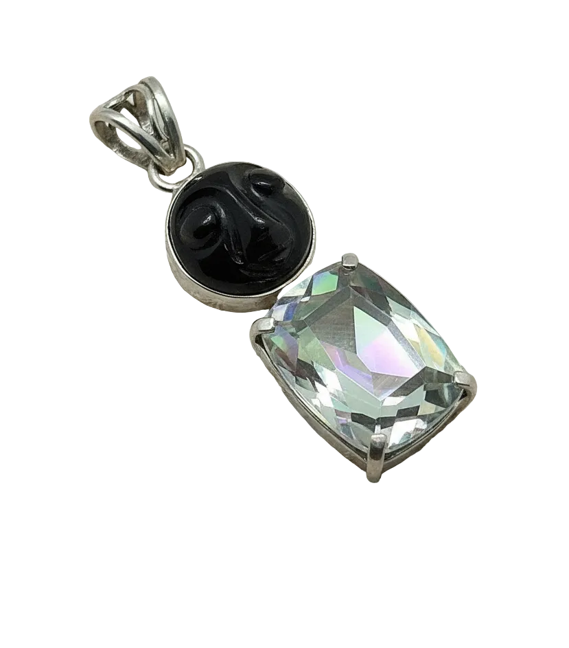 Pendentif en argent véritable avec topaze taillée traitée mystique et pierre de soleil sculptée nacrelune.com pendentif