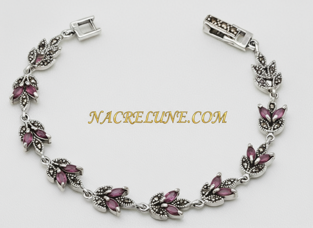 Bracelet en argent et marcassites avec rubis véritables nacrelune.com bracelet