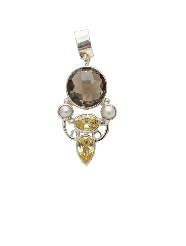 Pendentif en argent 925 avec perles, citrines et quartz fumé nacrelune.com collier