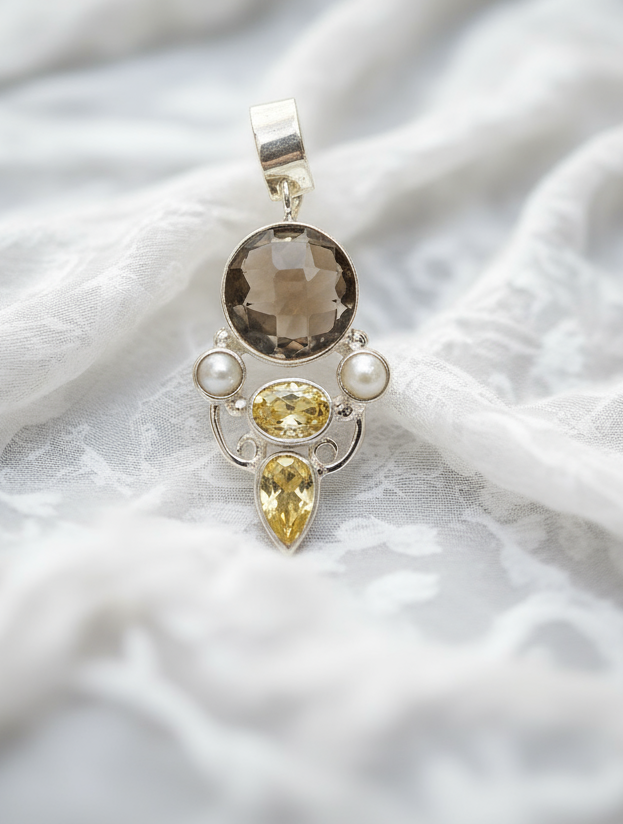 Pendentif en argent 925 avec perles, citrines et quartz fumé NACRELUNE collier