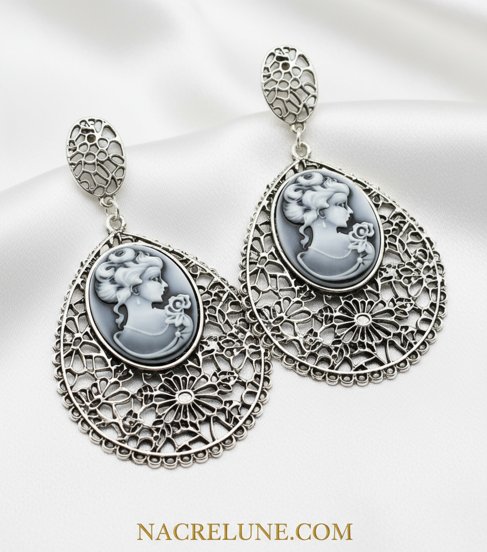 Grandes boucles d'oreille en forme de camée bleu fantaisie NACRELUNE boucles d'oreille