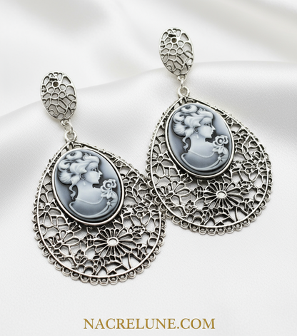 Grandes boucles d'oreille en forme de camée bleu fantaisie NACRELUNE boucles d'oreille