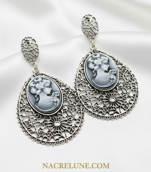 🎃Grandes boucles d'oreille en forme de camée bleu fantaisie NACRELUNE boucles d'oreille