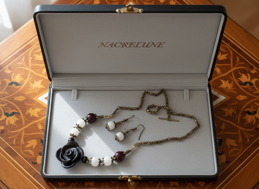 Parure en perles d'agates avec fleur en agate sculptée NACRELUNE parure